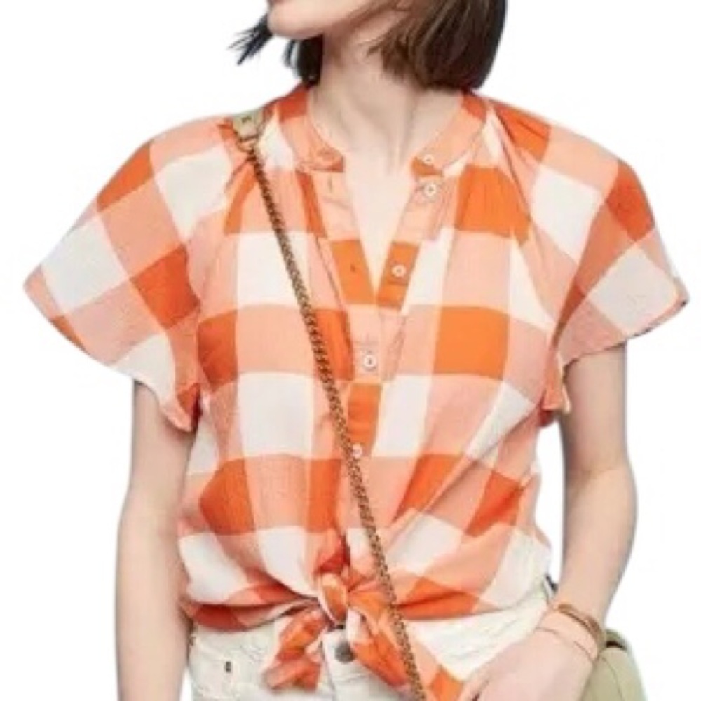 Maeve Anthropologie Buffalo Check Top Small Orange Boho Coastal Flutter Beach